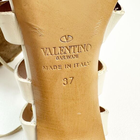 VALENTINO Rockstud White Gladiator Heels Size 37 Sandal Ankle Wrap Tie Lace Up - Picture 10 of 12